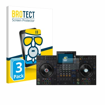 Face avant d’un emballage produit avec le logo de la marque BROTECT. À côté, l’appareil Pioneer XDJ-AZ est représenté avec la 