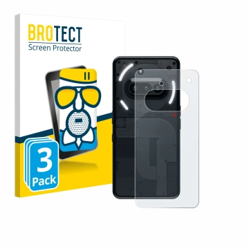 Face avant d’un emballage produit avec le logo de la marque BROTECT. À côté, l’appareil Nothing Phone (3a) (Arrière) est repré