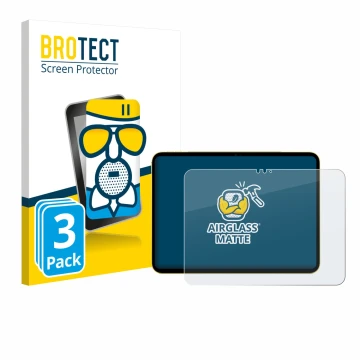 Face avant d’un emballage produit avec le logo de la marque BROTECT. À côté, l’appareil Apple iPad Air 11