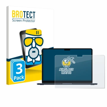 Face avant d’un emballage produit avec le logo de la marque BROTECT. À côté, l’appareil Apple MacBook Air 13