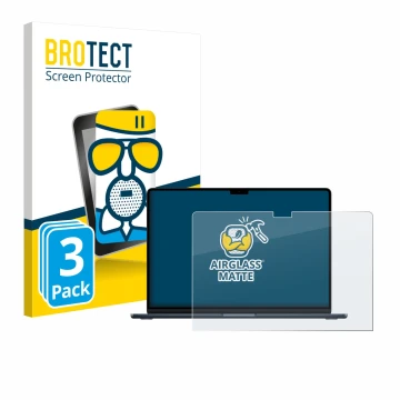 Face avant d’un emballage produit avec le logo de la marque BROTECT. À côté, l’appareil Apple MacBook Air 15