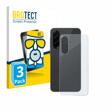 Face avant d’un emballage produit avec le logo de la marque BROTECT. À côté, l’appareil Samsung Galaxy A36 5G (Arrière) est re