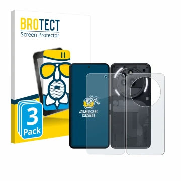 Face avant d’un emballage produit avec le logo de la marque BROTECT. À côté, l’appareil Nothing Phone (3a) Pro (Avant+Arrière)