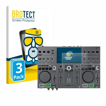 Face avant d’un emballage produit avec le logo de la marque BROTECT. À côté, l’appareil Denon DJ Prime Go+ est représenté avec