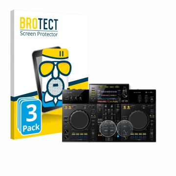 Face avant d’un emballage produit avec le logo de la marque BROTECT. À côté, l’appareil Pioneer XDJ -RR (Jog) est représenté a
