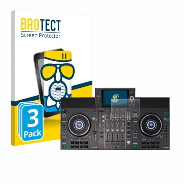 Face avant d’un emballage produit avec le logo de la marque BROTECT. À côté, l’appareil Denon DJ SC LIVE 4 (Jog) est représent