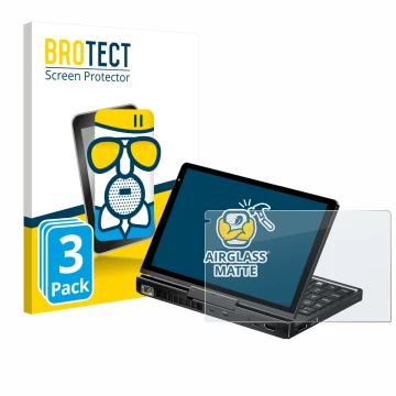 Face avant d’un emballage produit avec le logo de la marque BROTECT. À côté, l’appareil GPD Pocket 4 est représenté avec la pr