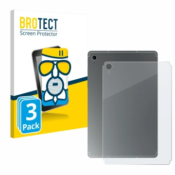 Face avant d’un emballage produit avec le logo de la marque BROTECT. À côté, l’appareil Samsung Galaxy Tab S10 FE (Arrière) es