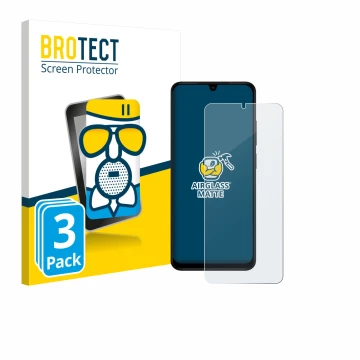 Face avant d’un emballage produit avec le logo de la marque BROTECT. À côté, l’appareil Xiaomi Redmi A5 est représenté avec la
