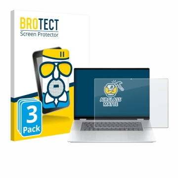 Face avant d’un emballage produit avec le logo de la marque BROTECT. À côté, l’appareil HP OmniBook X Flip 16-aX est représent