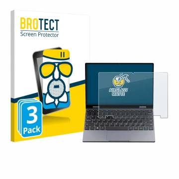 Face avant d’un emballage produit avec le logo de la marque BROTECT. À côté, l’appareil Chuwi MiniBook X N150 est représenté a