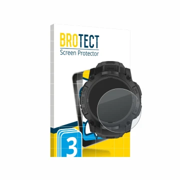 Face avant d’un emballage produit avec le logo de la marque BROTECT. À côté, l’appareil Garmin Instinct 3 Tactical AMOLED Edit