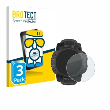 Face avant d’un emballage produit avec le logo de la marque BROTECT. À côté, l’appareil Garmin Instinct 3 Solar Tactical Editi
