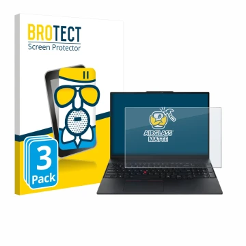 Face avant d’un emballage produit avec le logo de la marque BROTECT. À côté, l’appareil Lenovo ThinkPad E16 Gen 3 est représen