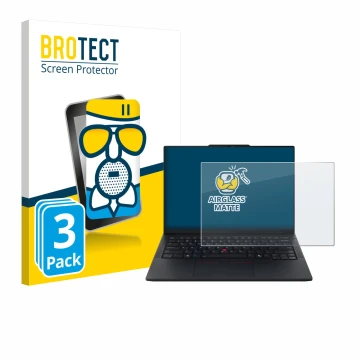 Face avant d’un emballage produit avec le logo de la marque BROTECT. À côté, l’appareil Lenovo ThinkPad E14 Gen 7 est représen