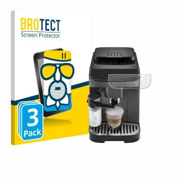 Face avant d’un emballage produit avec le logo de la marque BROTECT. À côté, l’appareil DeLonghi Magnifica Evo est représenté 