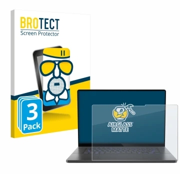 Face avant d’un emballage produit avec le logo de la marque BROTECT. À côté, l’appareil ASUS ROG Zephyrus G16 2025 est représe