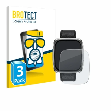 Face avant d’un emballage produit avec le logo de la marque BROTECT. À côté, l’appareil Amazfit Active 2 (rectangulaire) est r