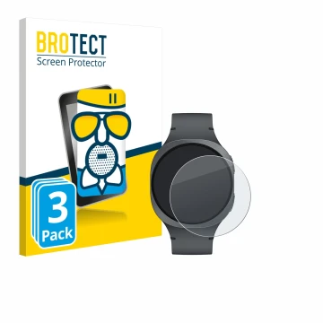 Face avant d’un emballage produit avec le logo de la marque BROTECT. À côté, l’appareil Samsung Galaxy Watch 8 (40 mm) est rep