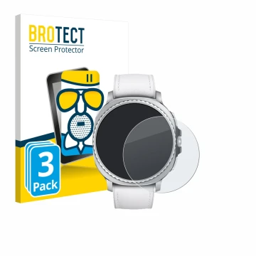 Face avant d’un emballage produit avec le logo de la marque BROTECT. À côté, l’appareil Samsung Galaxy Watch 8 Classic (46 mm)