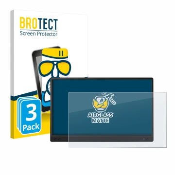 Face avant d’un emballage produit avec le logo de la marque BROTECT. À côté, l’appareil ASUS ZenScreen MB166C est représenté a