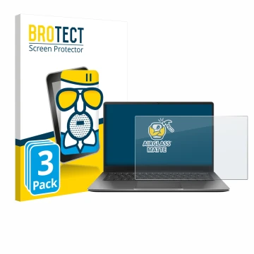 Face avant d’un emballage produit avec le logo de la marque BROTECT. À côté, l’appareil ASUS Chromebook Plus CX14 est représen