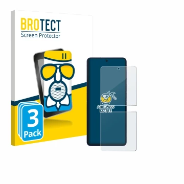 Face avant d’un emballage produit avec le logo de la marque BROTECT. À côté, l’appareil Samsung Galaxy Z Flip 7 est représenté