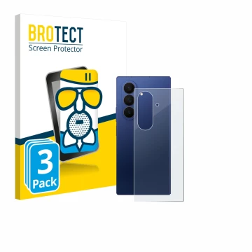 Face avant d’un emballage produit avec le logo de la marque BROTECT. À côté, l’appareil Samsung Galaxy Z Fold 7 (Arrière) est 