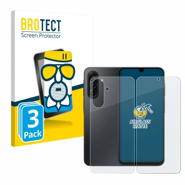 Face avant d’un emballage produit avec le logo de la marque BROTECT. À côté, l’appareil Samsung Galaxy A17 5G (Avant+Arrière) 