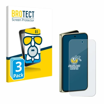 Face avant d’un emballage produit avec le logo de la marque BROTECT. À côté, l’appareil Google Pixel 10 Pro Fold est représent