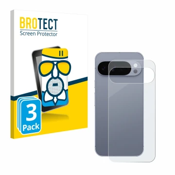 Face avant d’un emballage produit avec le logo de la marque BROTECT. À côté, l’appareil Google Pixel 10 Pro XL (Arrière) est r