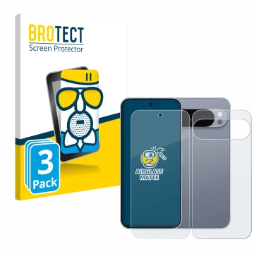 Face avant d’un emballage produit avec le logo de la marque BROTECT. À côté, l’appareil Google Pixel 10 Pro XL (Avant+Arrière)
