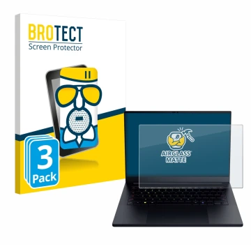 Face avant d’un emballage produit avec le logo de la marque BROTECT. À côté, l’appareil Razer Blade 14 2025 est représenté ave