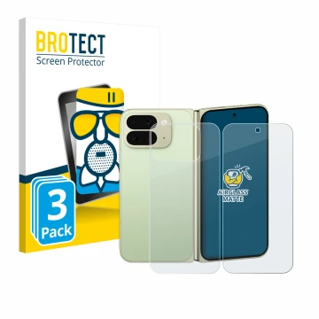 Face avant d’un emballage produit avec le logo de la marque BROTECT. À côté, l’appareil Google Pixel 10 Pro Fold (Avant+Arrièr