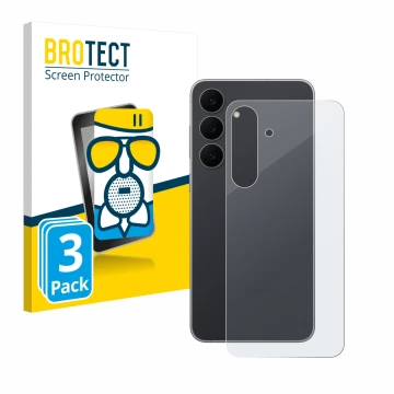 Face avant d’un emballage produit avec le logo de la marque BROTECT. À côté, l’appareil Samsung Galaxy S25 FE (Arrière) est re