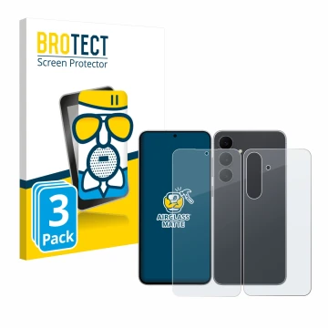 Face avant d’un emballage produit avec le logo de la marque BROTECT. À côté, l’appareil Samsung Galaxy S25 FE (Avant+Arrière) 
