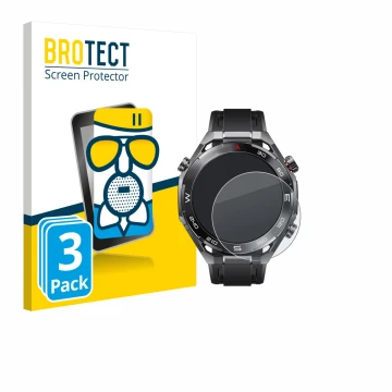 Face avant d’un emballage produit avec le logo de la marque BROTECT. À côté, l’appareil Huawei Watch Ultimate 2 Black est repr