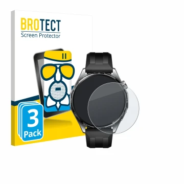 Face avant d’un emballage produit avec le logo de la marque BROTECT. À côté, l’appareil Huawei Watch GT 6 (46 mm) est représen