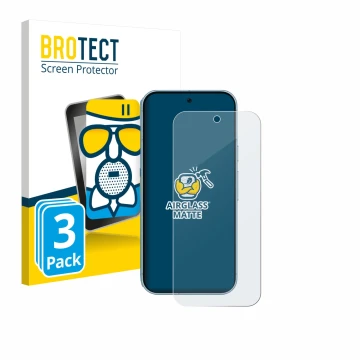 Face avant d’un emballage produit avec le logo de la marque BROTECT. À côté, l’appareil Google Pixel 9 (case-friendly) est rep