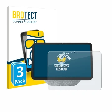 Face avant d’un emballage produit avec le logo de la marque BROTECT. À côté, l’appareil Amazon Echo Show 11 2025 est représent