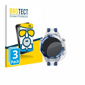 Face avant d’un emballage produit avec le logo de la marque BROTECT. À côté, l’appareil Huawei Watch Ultimate 2 Blue est repré