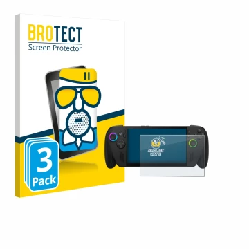 Face avant d’un emballage produit avec le logo de la marque BROTECT. À côté, l’appareil ASUS ROG Ally X 2025 est représenté av