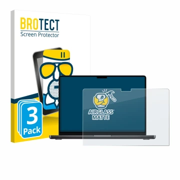 Face avant d’un emballage produit avec le logo de la marque BROTECT. À côté, l’appareil Apple MacBook Pro 14