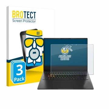 Face avant d’un emballage produit avec le logo de la marque BROTECT. À côté, l’appareil HP Omen Transcend 16-u1000nl est repré