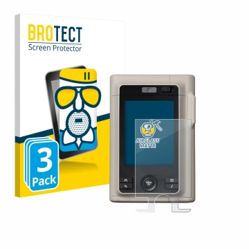 Face avant d’un emballage produit avec le logo de la marque BROTECT. À côté, l’appareil Fujifilm Instax Mini LiPlay Plus est r