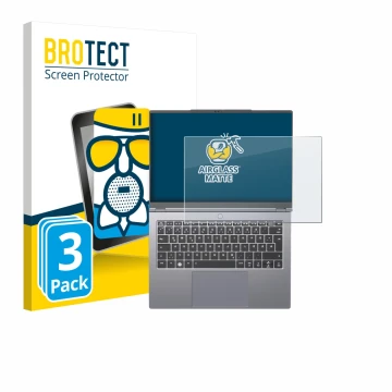 Face avant d’un emballage produit avec le logo de la marque BROTECT. À côté, l’appareil Tuxedo InfinityBook Pro 14 Gen 10 est 