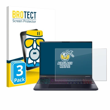 Face avant d’un emballage produit avec le logo de la marque BROTECT. À côté, l’appareil Acer Predator Helios Neo 16 AI est rep