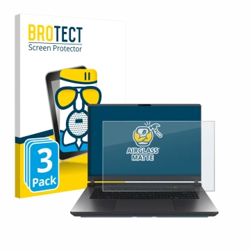 Face avant d’un emballage produit avec le logo de la marque BROTECT. À côté, l’appareil ASUS ROG Strix G16 2025 est représenté