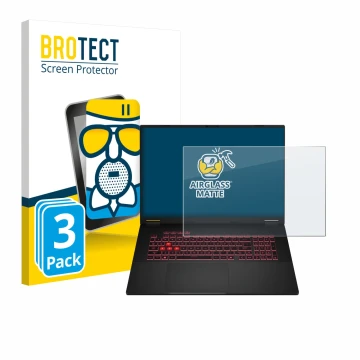 Face avant d’un emballage produit avec le logo de la marque BROTECT. À côté, l’appareil ASUS TUF Gaming A18 2025 est représent