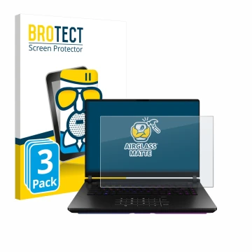 Face avant d’un emballage produit avec le logo de la marque BROTECT. À côté, l’appareil ASUS ROG Strix SCAR 18 2025 est représ